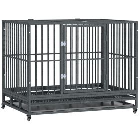 PawHut Heavy Duty Dog Cage 42 Metal Kennel with Wheels Double Door Removable Tray Gray