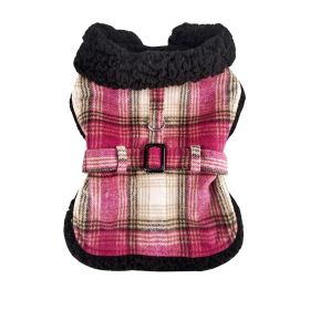 Sherpa-Lined Dog Harness Coat (Color: Hot Pink & Tan Plaid, size: XX-Large)